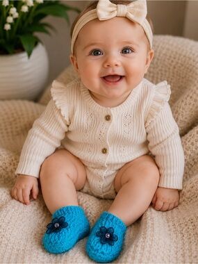 Crocheted Turquoise Baby Booties with a Black Flower Accent
